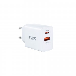 CARGADOR PARED TOOQ USB-C PD 20W, USB-A QC 18W BLANCO