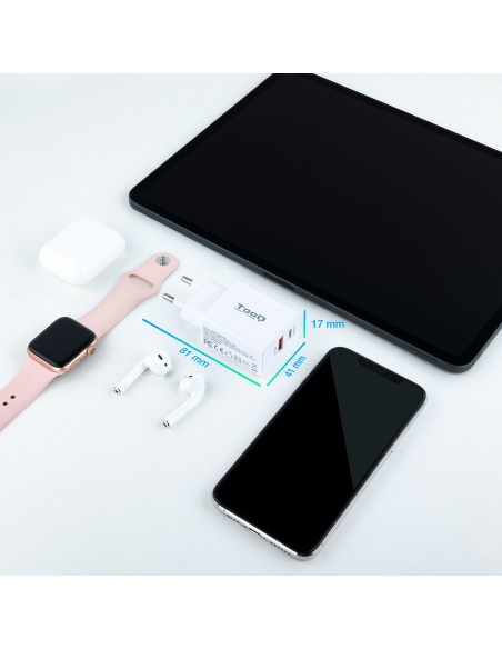 CARGADOR PARED TOOQ USB-C PD 20W, USB-A QC 18W BLANCO