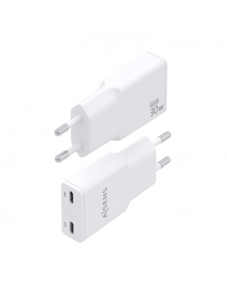 CARGADOR AISENS GAN ULTRA DELGADO 30W 2XUSB-C PD3.0 QC4.0 BLANCO