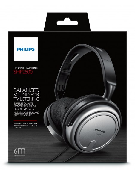 AURICULAR DIADEMA PHILIPS SHP2500 10 6M CABLE NEGRO, PLATA