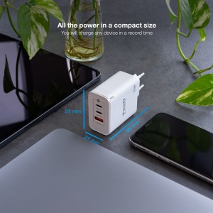 CARGADOR DE PARED TOOQ GAN 2USB-C PD USB-A QC 65W 2