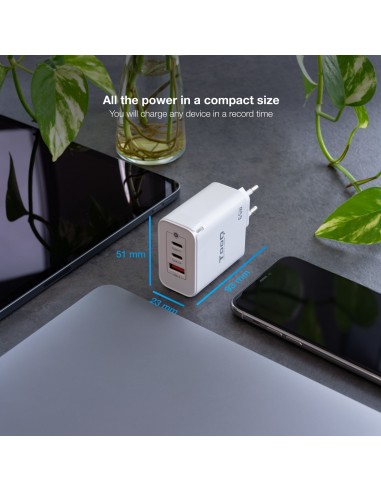 CARGADOR DE PARED TOOQ GAN 2USB-C PD USB-A QC 65W
