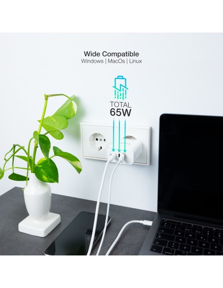 CARGADOR DE PARED TOOQ GAN 2USB-C PD USB-A QC 65W