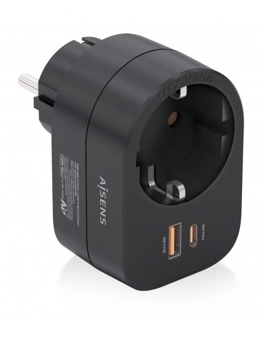 REGLETA PARED AISENS 1 TOMA USB-C 20W PD3.0 USB-A 20W QC3.0 NEGRO