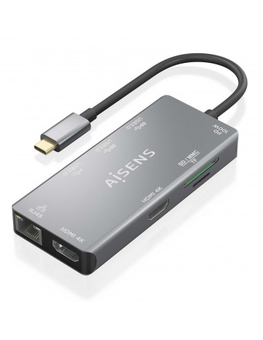 HUB AISENS USB-C DOCK 9 EN 1 USB-C 2XHDMI RJ45 2XUSB-A 3.0 USB-A 2.0 PD