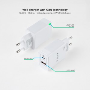 CARGADOR DE PARED TOOQ GAN USB C PD USB-A QC 45W 2