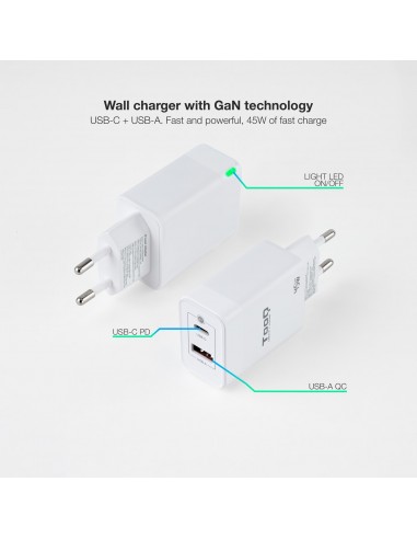 CARGADOR DE PARED TOOQ GAN USB C PD USB-A QC 45W