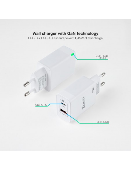 CARGADOR DE PARED TOOQ GAN USB C PD USB-A QC 45W