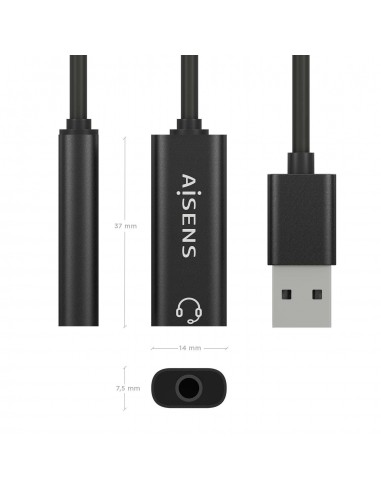 CONVERSOR AISENS USB-A A AUDIO 48KHZ USB-A M-JACK 3.5 H NEGRO 10CM