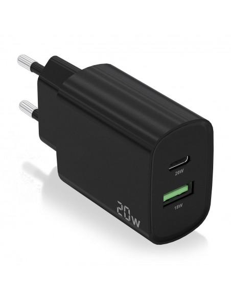 CARGADOR AISENS 20W 1XUSB-C PD3.0 1XUSB-A QC3.0 NEGRO