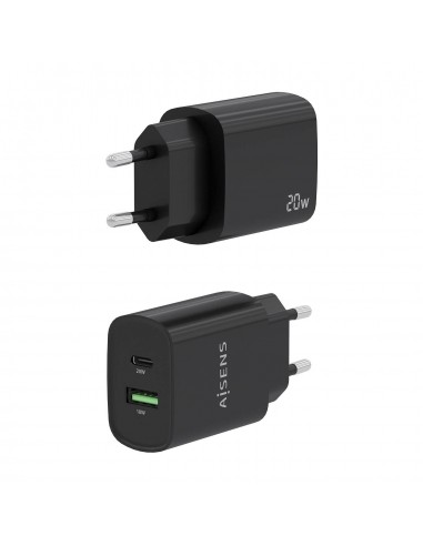 CARGADOR AISENS 20W 1XUSB-C PD3.0 1XUSB-A QC3.0 NEGRO