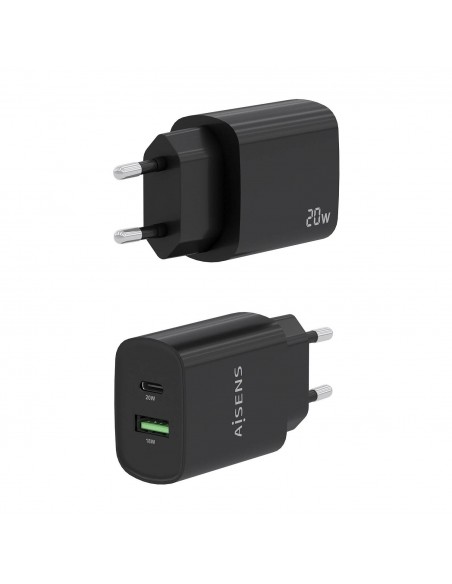 CARGADOR AISENS 20W 1XUSB-C PD3.0 1XUSB-A QC3.0 NEGRO
