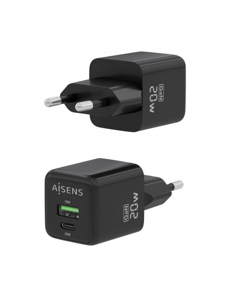 CARGADOR GAN AISENS 20W 1XUSB-C PD3.0 QC4.0 1XUSB-A QC3.0 NEGRO