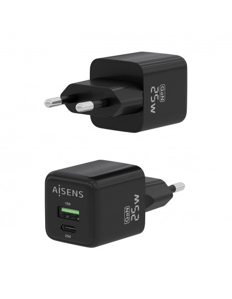 CARGADOR AISENS GAN 25W 1XUSB-C PD3.0 QC4.0 1XUSB-A QC3.0 NEGRO