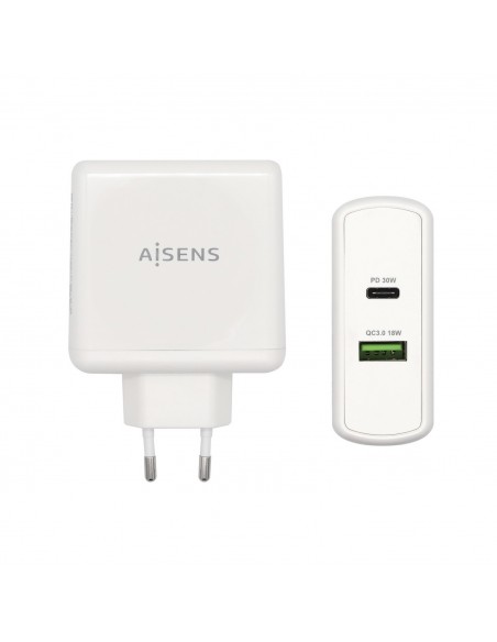 CARGADOR 48W AISENS 1xUSB-C PD3.0 30W 1xUSB-A QC3.0 18W BLANCO