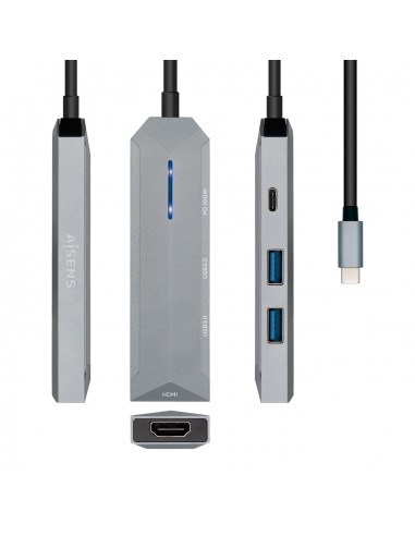 HUB AISENS USB-C DOCK 4 EN 1 USB-C A 1xHDMI 2xUSB 1xPD GRIS 15CM