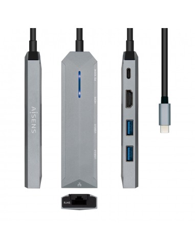 HUB AISENS USB-C DOCK 5 EN 1 USB-C A 1xHDMI 1xRJ45 2xUSB 1xPD GRIS 15CM