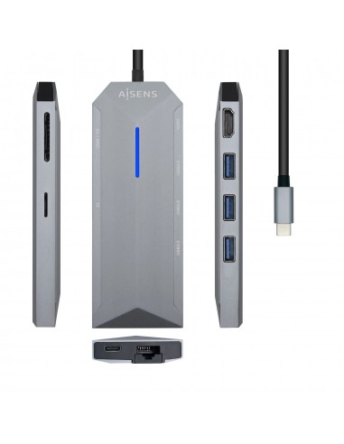 HUB AISENS USB-C DOCK 8 EN 1 USB-C 1xHDMI 1xRJ45 3xUSB 1xPD 1xSD 1xMICR-SD 15CM