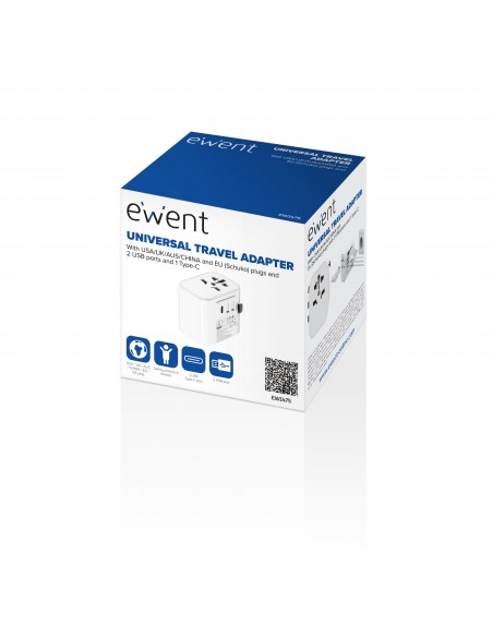 ADAPTADOR DE VIAJE EWENT 2 PUERTOS USB Y TIPO-C USA UK AUS CHINA