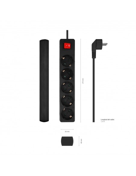 REGLETA AISENS BASE 5 TOMAS INTERRUPTOR CABLE 3x1.5MM2 1.4M NEGRO