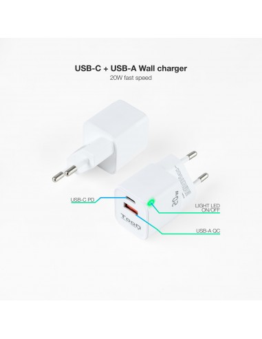 CARGADOR DE PARED TOOQ USB-C PD USB-A QC 20W