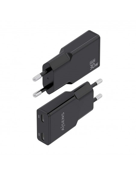 CARGADOR AISENS GAN ULTRA DELGADO 30W 2XUSB-C PD3.0 QC4.0 NEGRO