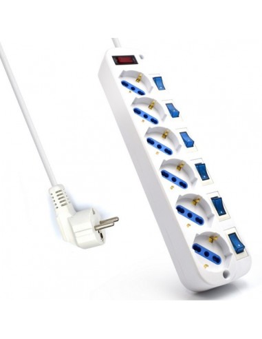 REGLETA EWENT 6 TOMAS SHUKO 16A CON INTERRUPTOR ON OFF 5M BLANCA