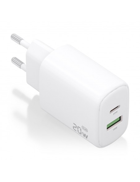 CARGADOR AISENS GAN 20W, 1XUSB-C PD3.0, 1XUSB-A QC3.0, BLANCO