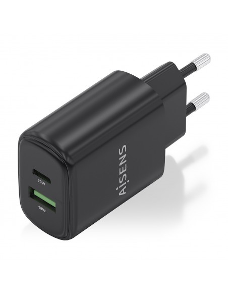 CARGADOR AISENS GAN 20W, 1XUSB-C PD3.0, 1XUSB-A QC3.0, NEGRO
