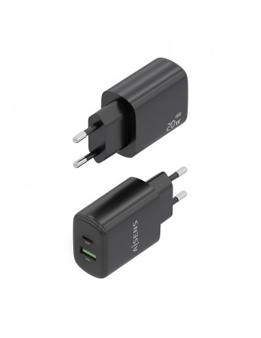 CARGADOR AISENS GAN 20W, 1XUSB-C PD3.0, 1XUSB-A QC3.0, NEGRO