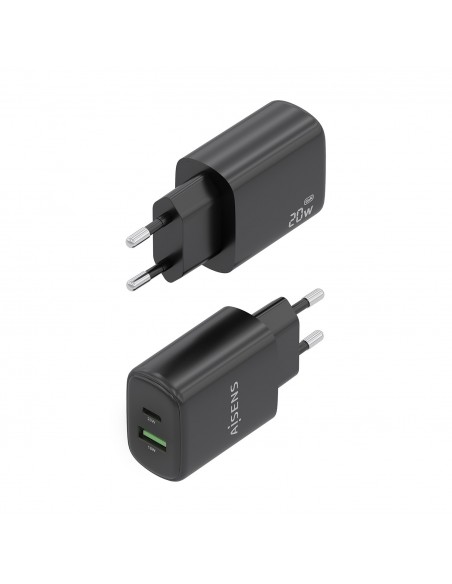CARGADOR AISENS GAN 20W, 1XUSB-C PD3.0, 1XUSB-A QC3.0, NEGRO