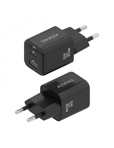 CARGADOR AISENS GAN 30W 1XUSB-C PD3.0 QC4.0 1XUSB-A QC3.0 NEGRO