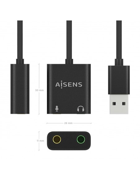 CONVERSOR AISENS USB-A A AUDIO 48KHZ USB-A M-2XJACK 3.5 H NEGRO 10CM