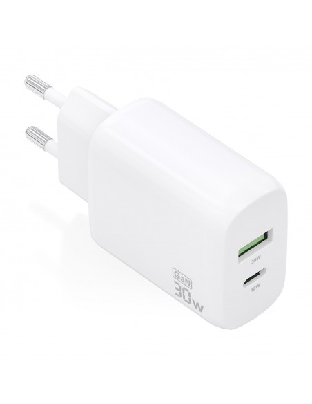 CARGADOR AISENS GAN 30W, 1XUSB-C PD3.0 QC4.0, 1XUSB-A QC3.0, BLANCO
