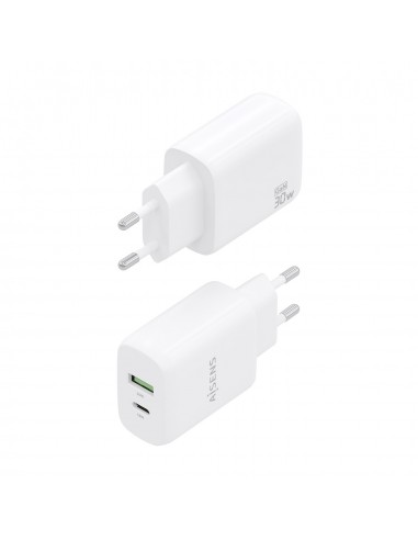 CARGADOR AISENS GAN 30W, 1XUSB-C PD3.0 QC4.0, 1XUSB-A QC3.0, BLANCO
