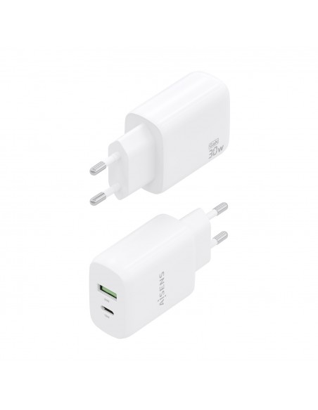 CARGADOR AISENS GAN 30W, 1XUSB-C PD3.0 QC4.0, 1XUSB-A QC3.0, BLANCO