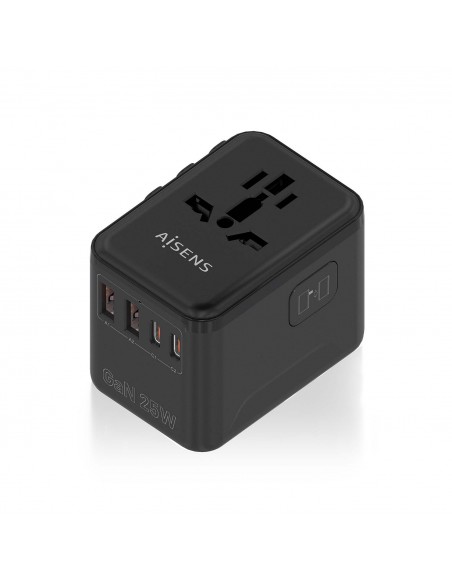 ADAPTADOR AISENS ENCHUFE UNIVERSAL VIAJE CARGADOR USB GAN 25W NEGRO