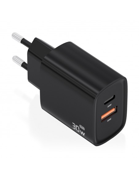 CARGADOR AISENS GAN 30W 1XUSB-C PD3.0 QC4.0 1XUSB-A QC3.0 NEGRO