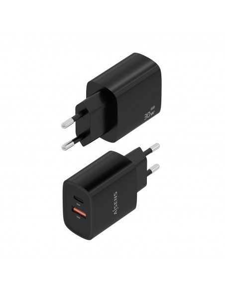 CARGADOR AISENS GAN 30W 1XUSB-C PD3.0 QC4.0 1XUSB-A QC3.0 NEGRO