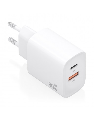 CARGADOR AISENS GAN 30W 1XUSB-C PD3.0 QC4.0 1XUSB-A QC3.0 BLANCO