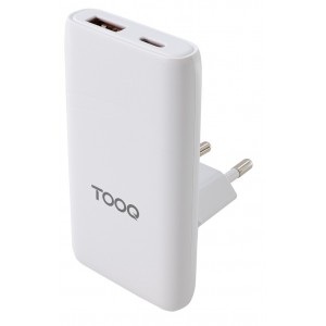 CARGADOR TOOQ PARED GAN USB-C PD+USB-A QC 65W, BLANCO