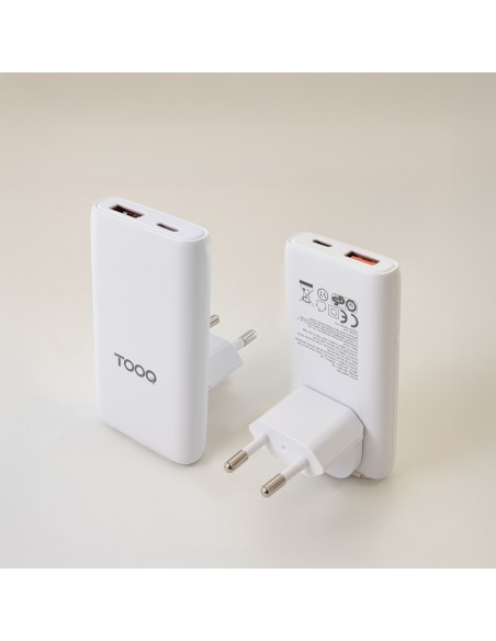 CARGADOR TOOQ PARED GAN USB-C PD+USB-A QC 65W, BLANCO