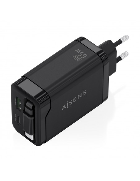 CARGADOR AISENS GAN 65W 1XUSB-C CABLE RETRACTIL 1XUSB-C PD 1XUSB-A