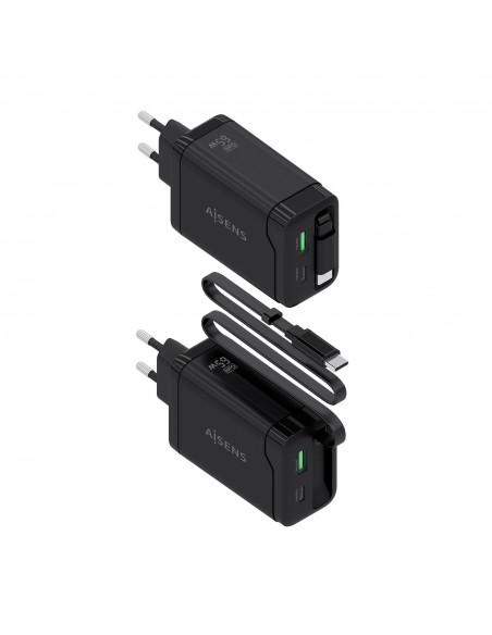CARGADOR AISENS GAN 65W 1XUSB-C CABLE RETRACTIL 1XUSB-C PD 1XUSB-A