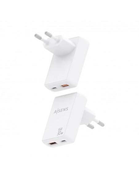 CARGADOR AISENS GAN PARED 30W USB-C PD3.0 QC4.0 USB-A QC3.0 BLANCO