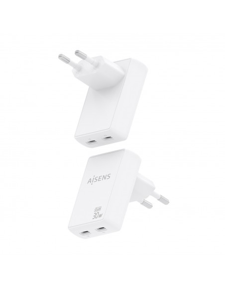 CARGADOR AISENS GAN PARED ULTRA DELGADO 30W 2XUSB-C PD3.0 QC4.0 BLANCO