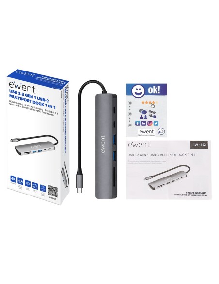 DOCKING EWENT EW1152 USB-C 7EN1 HDMI USB-C 2XUSB-A LECTOR SD MICROSD